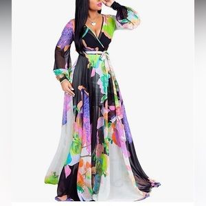 Summer boho maxi dress, long sleeve , chiffon V deep neck, new no tags